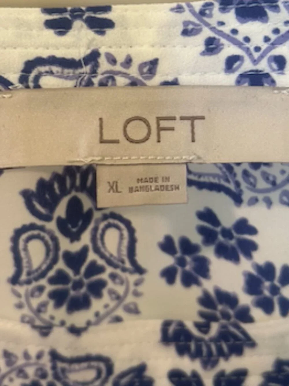 LOFT Blue White Medallion Tile Square Neck Puff Sleeve Blouse XL